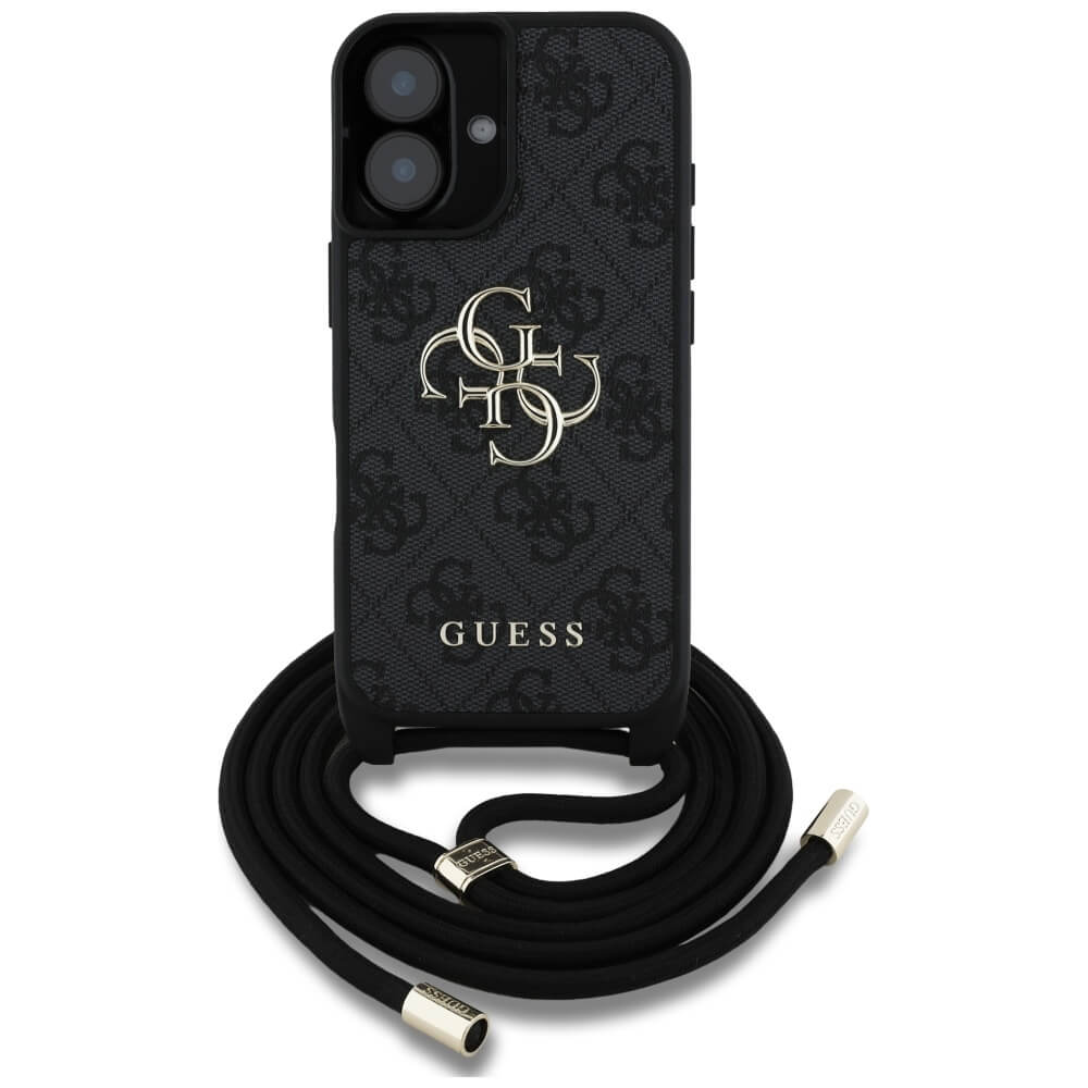 Guess iPhone 16 Plus - 4G Big Logo Cord Stap Crossbody - Θήκη με Επένδυση Συνθετικού Δέρματος και Λουράκι - Black - GUHCP16MP4GMGCRK