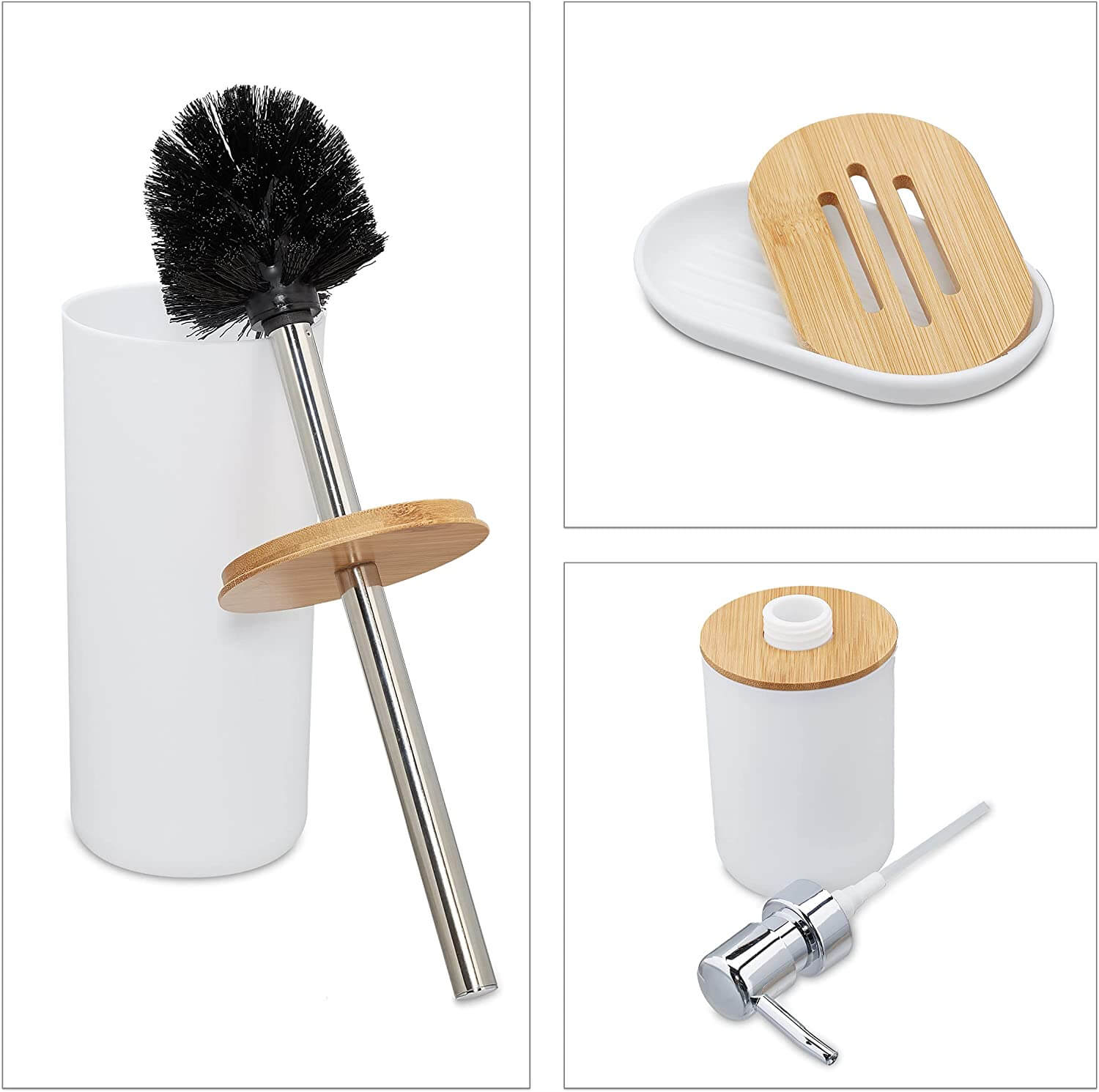 Relaxdays Αξεσουάρ Μπάνιου Σετ 6 Τεμαχίων από Πλαστικό και Μπαμπού - White / Light Brown - 4052025886509