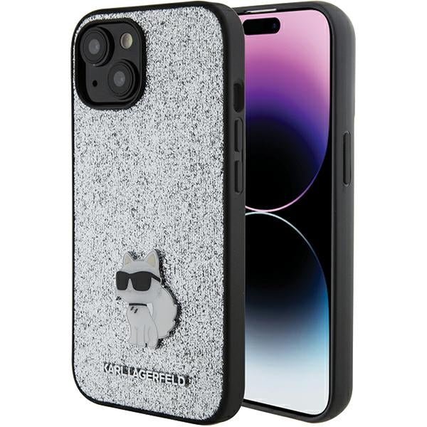 Karl Lagerfeld iPhone 15 - Glitter Choupette Logo Metal Logo Σκληρή Θήκη με Πλαίσιο Σιλικόνης - Silver - KLHCP15SGCNPSG