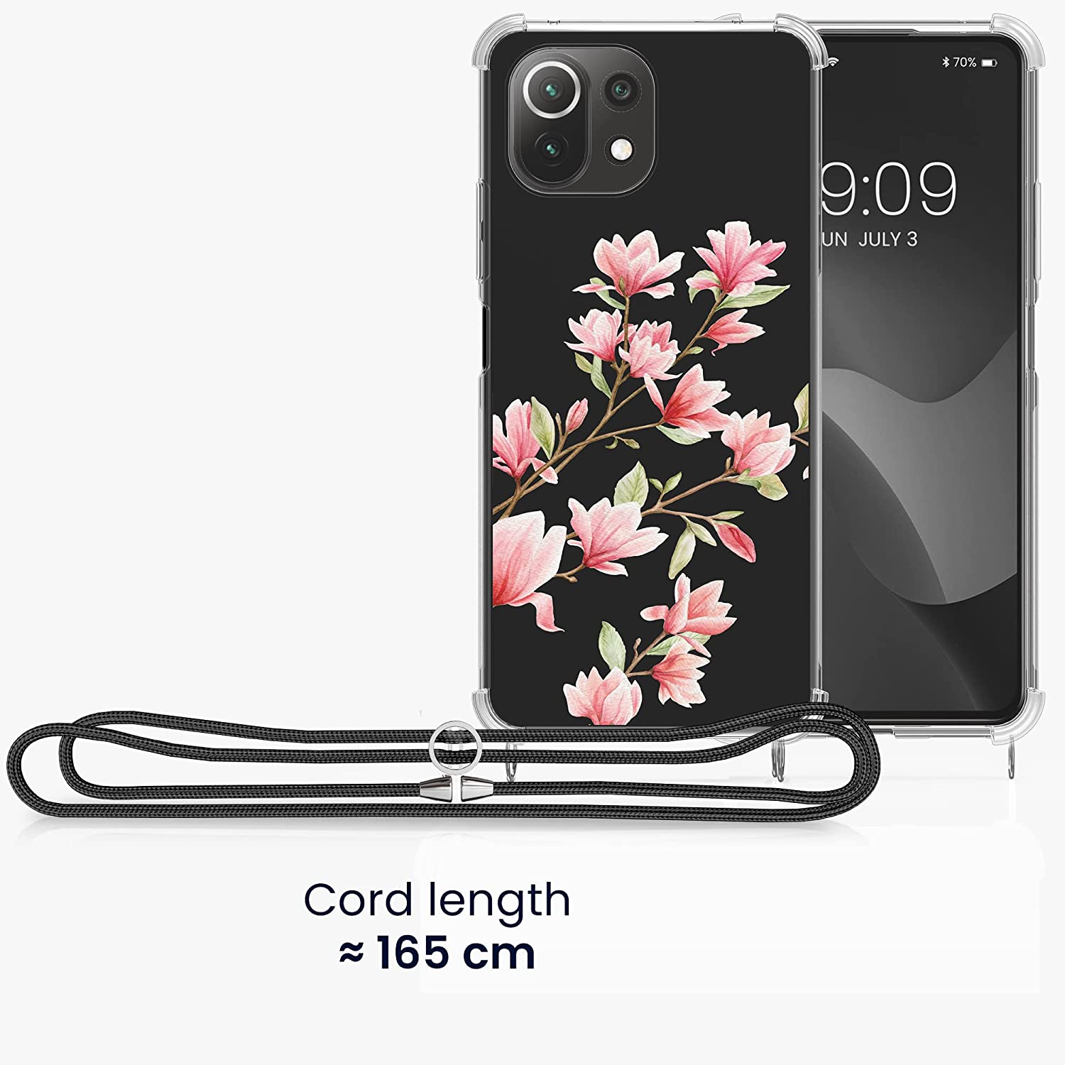 KW Xiaomi Mi 11 Lite / Mi 11 Lite 5G Θήκη Σιλικόνης TPU με Λουράκι Design Magnolias - Light Pink / White - Διάφανη - 56530.02