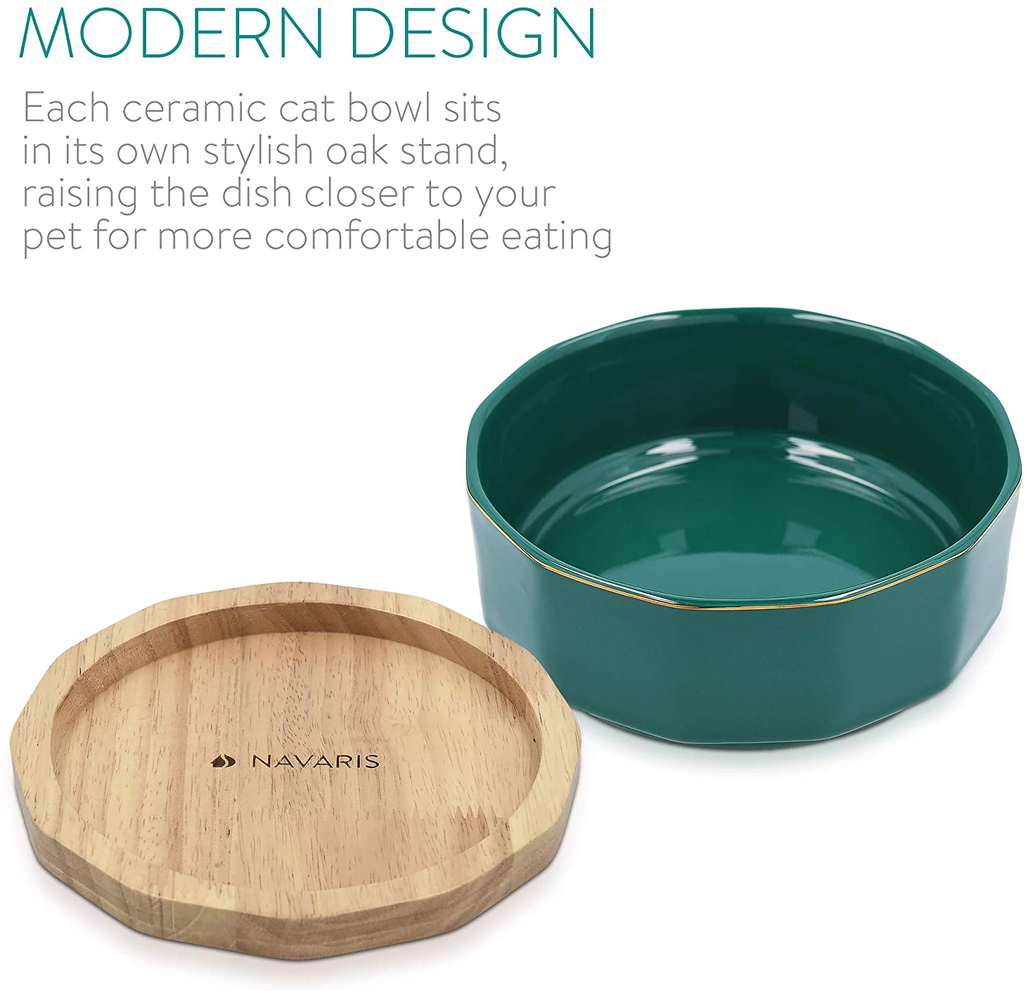 Navaris Ceramic Dog Bowls with Wood Underlay - Σετ με 2 Μπολ Φαγητού και Νερού με Βάση από Ξύλο Βελανιδιάς και Κεραμικό για Κατοικίδια - Dark Green / Gray - 50946.80