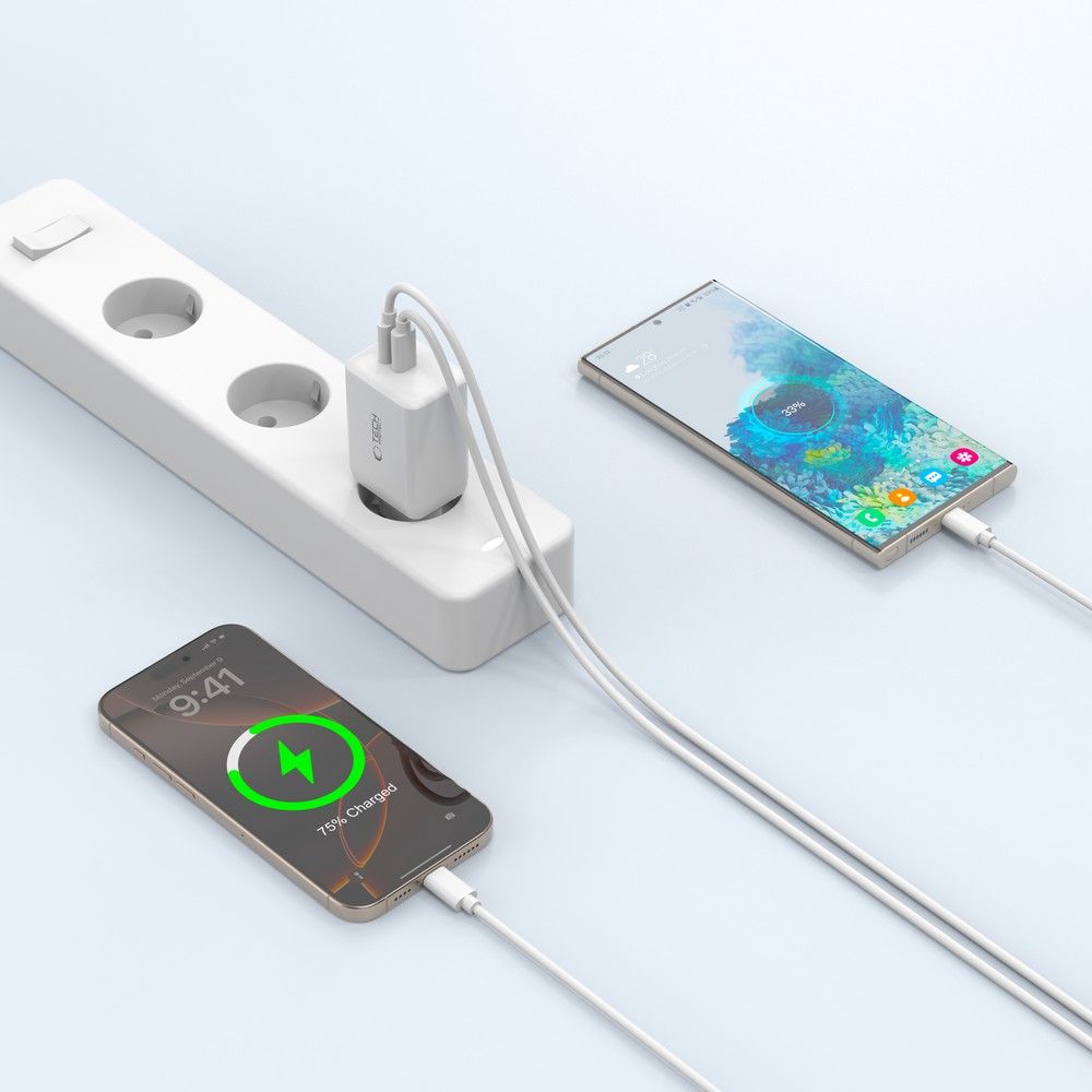 Tech-Protect NC45W Οικιακός Φορτιστής Γρήγορης Φόρτισης με 2 Θύρες Type-C και Καλώδιο USB-C σε USB-C - White