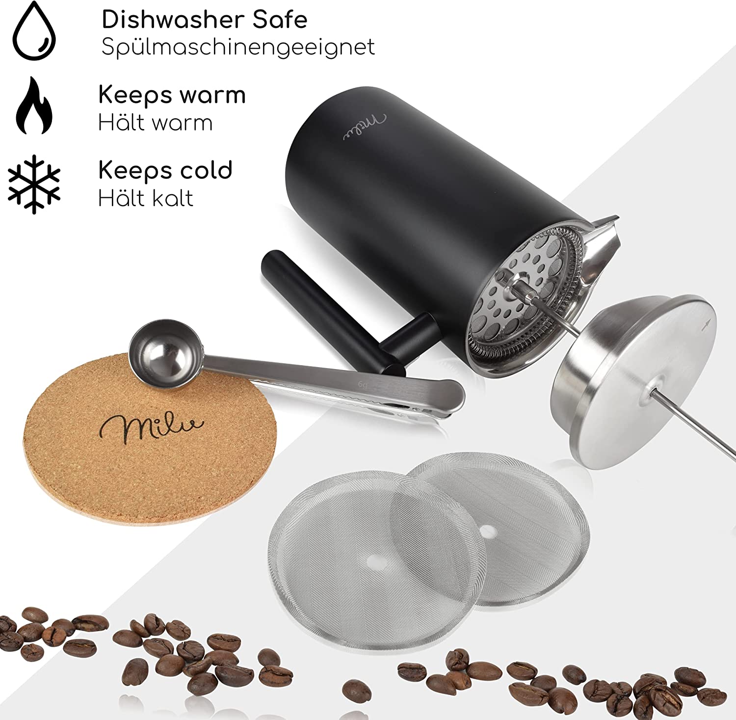 Milu French Press Coffee Maker Γαλλική Καφετιέρα από Ανοξείδωτο Ατσάλι - Πρέσα Καφέ - 600ml - Black - 5064‎