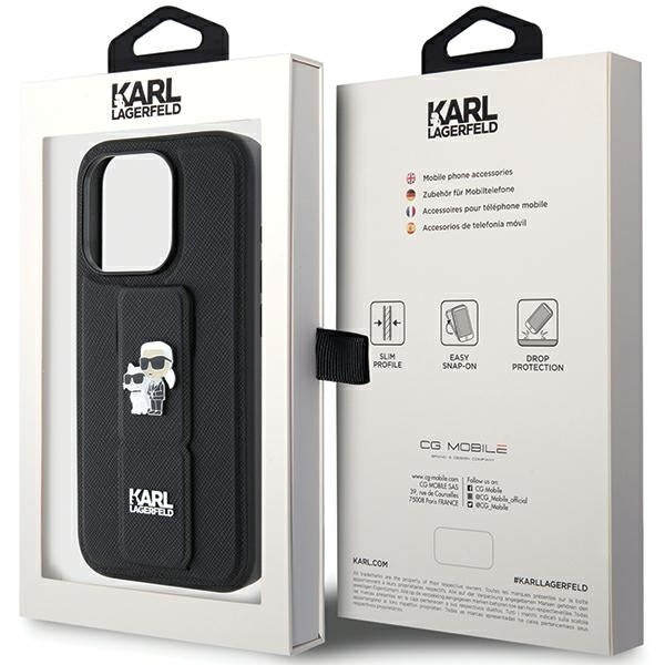 Karl Lagerfeld iPhone 15 Pro Max - Gripstand Saffiano Karl and Choupette Pin Σκληρή Θήκη με Επένδυση Συνθετικού Δέρματος και Stand - Black - KLHCP15XGSAKCPK