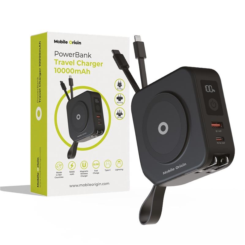 Mobile Origin Powerbank 10000mAh & Φορτιστής Ταξιδίου 15W με Ενσωματωμένα Καλώδια Lightning και Type - C - Black