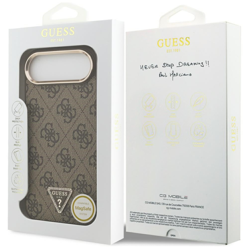 Guess iPhone Air - 4G Triangle Strass Logo MagSafe - Σκληρή Θήκη με Επένδυση Συνθετικού Δέρματος - Brown / Gold - GUHMP17MP4GTDGMW