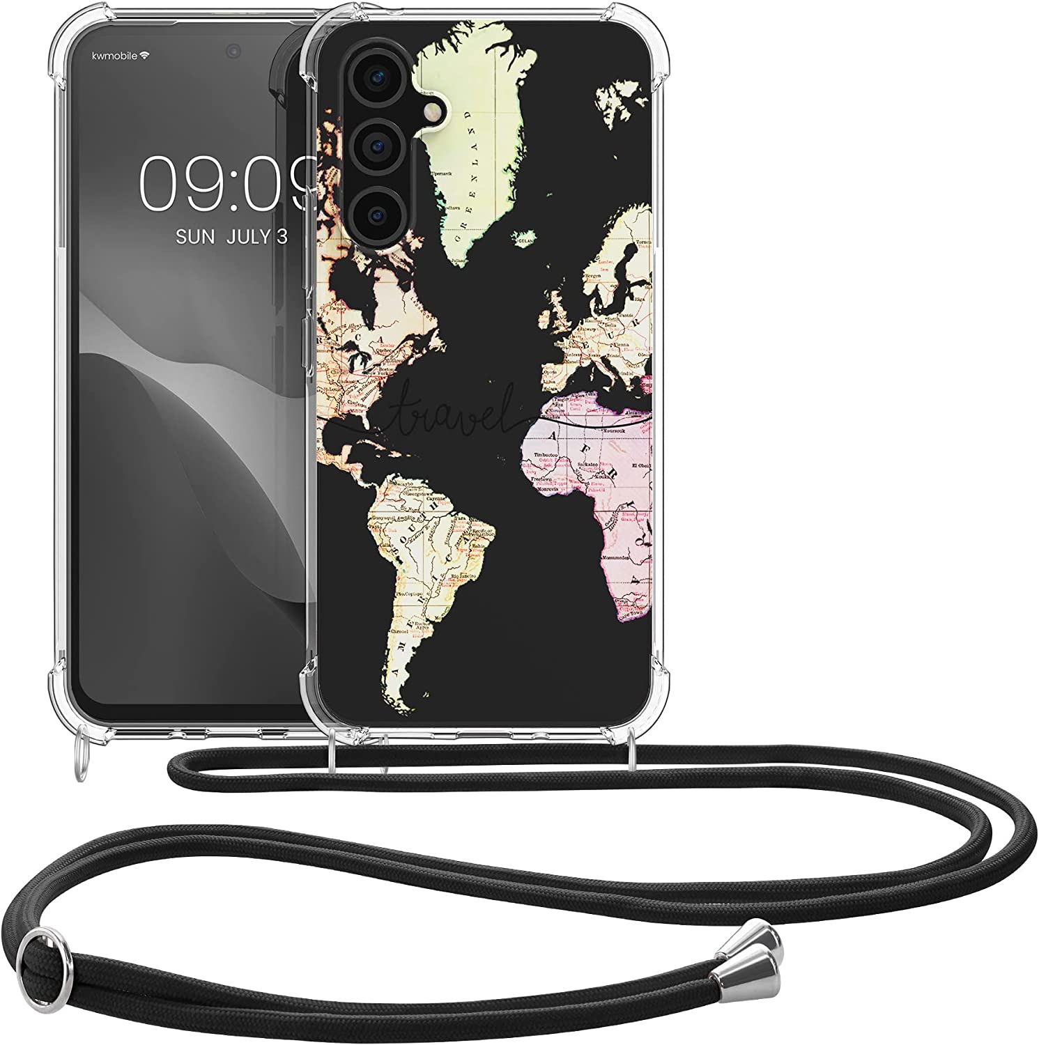 KW Samsung Galaxy A54 5G Θήκη Σιλικόνης TPU με Λουράκι Design Travel Lettering - Black / Multicoloured / Διάφανη - 60804.02