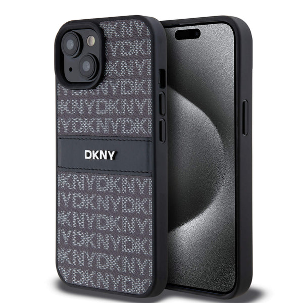 DKNY iPhone 15 / 14 / 13 - Leather Mono Stripe and Metal Logo Σκληρή Θήκη με Επένδυση Συνθετικού Δέρματος - Black - likebrands.gr