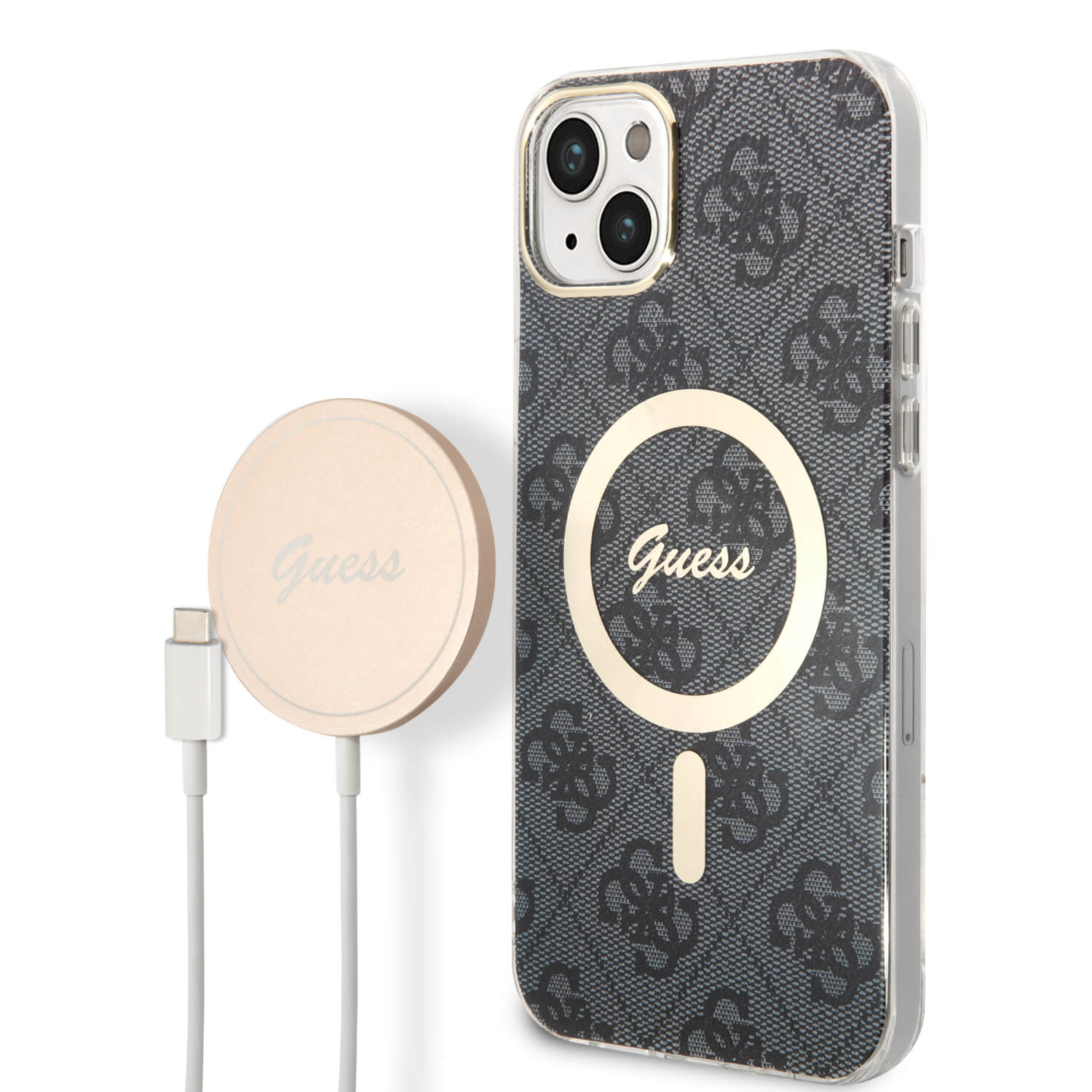 Guess iPhone 15 Plus / 14 Plus - Bundle Pack - Σετ Σκληρή Θήκη με Πλαίσιο Σιλικόνης και Ασύρματος Φορτιστής MagSafe - Design 4G Print MagSafe - Black - GUBPP14MH4EACSK