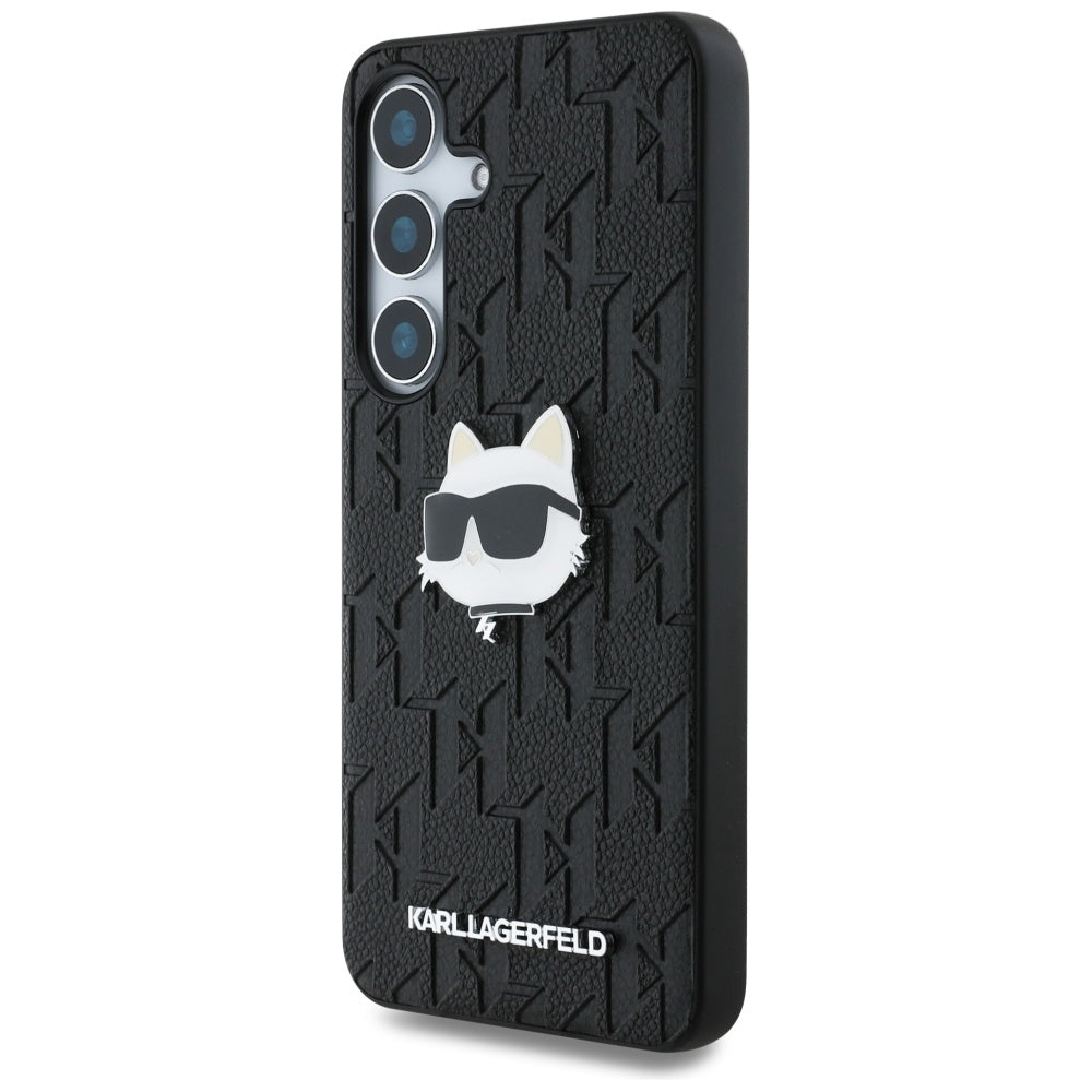 Karl Lagerfeld Samsung Galaxy S25 Plus - Monogram Choupette Head Pin - Σκληρή Θήκη με Επένδυση Συνθετικού Δέρματος - Black - KLHCS25MPGKLCHPK