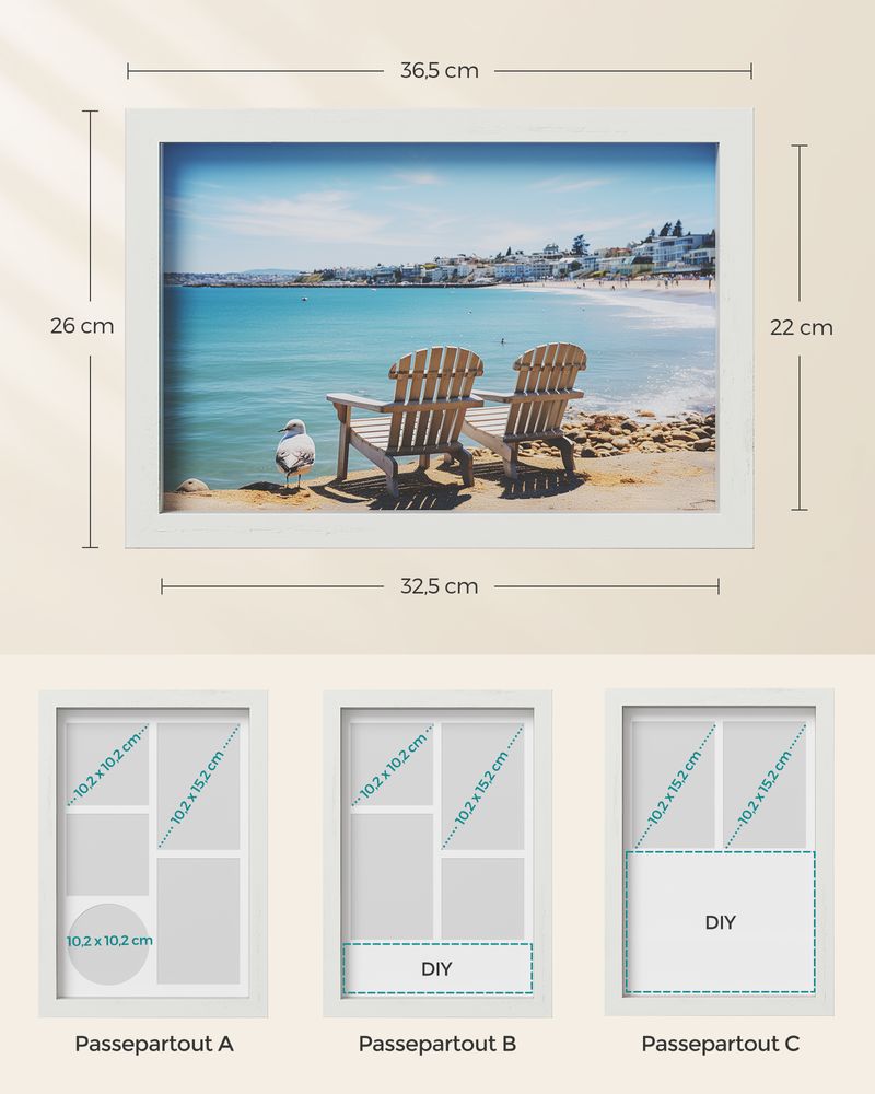 Songmics Σετ με 2 Ξύλινες Κορνίζες Κολάζ Μεγέθους A4 - 36.5 x 26 cm - Vintage White - RPF019W02