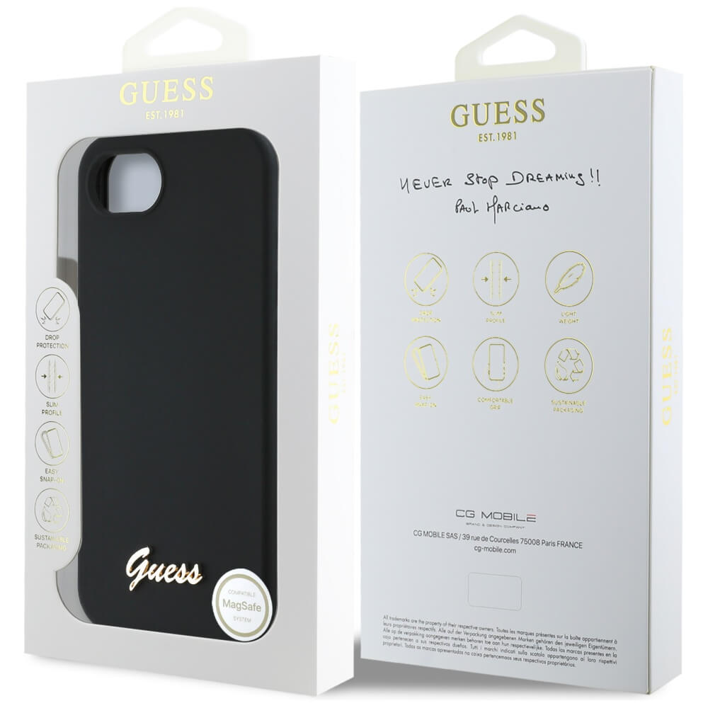 Guess iPhone 16e - Silicone Script Metal Logo - MagSafe Σκληρή Θήκη με Πλαίσιο Σιλικόνης - Black - GUHMPSE4SMBSLK