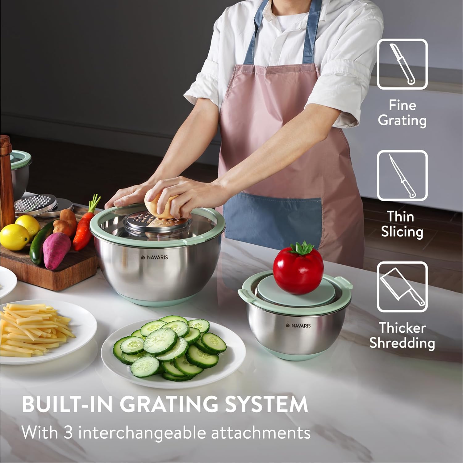 Navaris Σετ με 3 Μπολ Ανάμειξης από Ανοξείδωτο Ατσάλι με καπάκι και 3 Τρίφτες - Mint Green