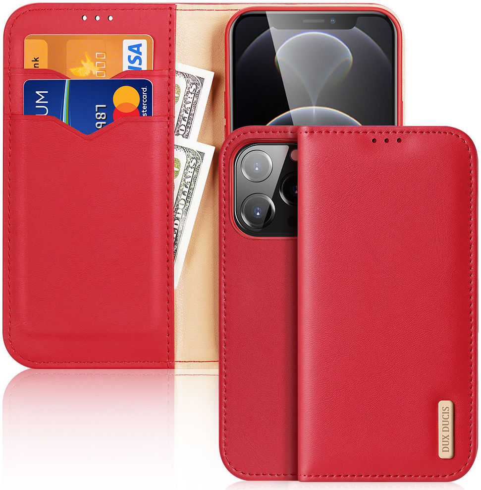 Dux Ducis iPhone 13 Pro Hivo Θήκη Πορτοφόλι Stand από Γνήσιο Δέρμα - Red