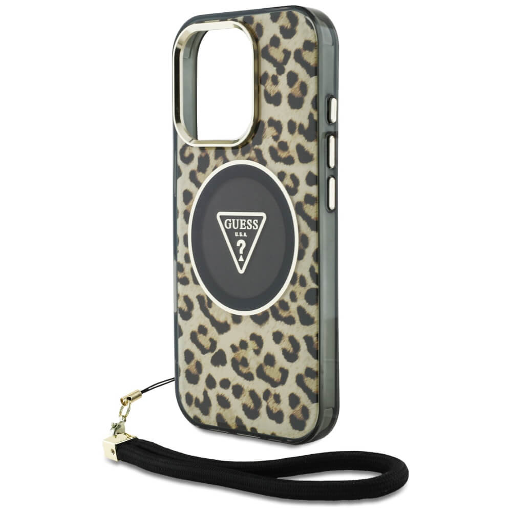 Guess iPhone 16 Pro Max - HC IML Leopard Triangle Cord Strap MagSafe - Σκληρή Θήκη με Πλαίσιο Σιλικόνης και Λουράκι - Brown - GUHMP16XHLORSSW