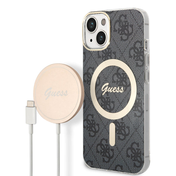 Guess iPhone 15 / 14 / 13 - Bundle Pack - Σετ Σκληρή Θήκη με Πλαίσιο Σιλικόνης και Ασύρματος Φορτιστής MagSafe - Design 4G Print MagSafe - Black - GUBPP14SH4EACSK