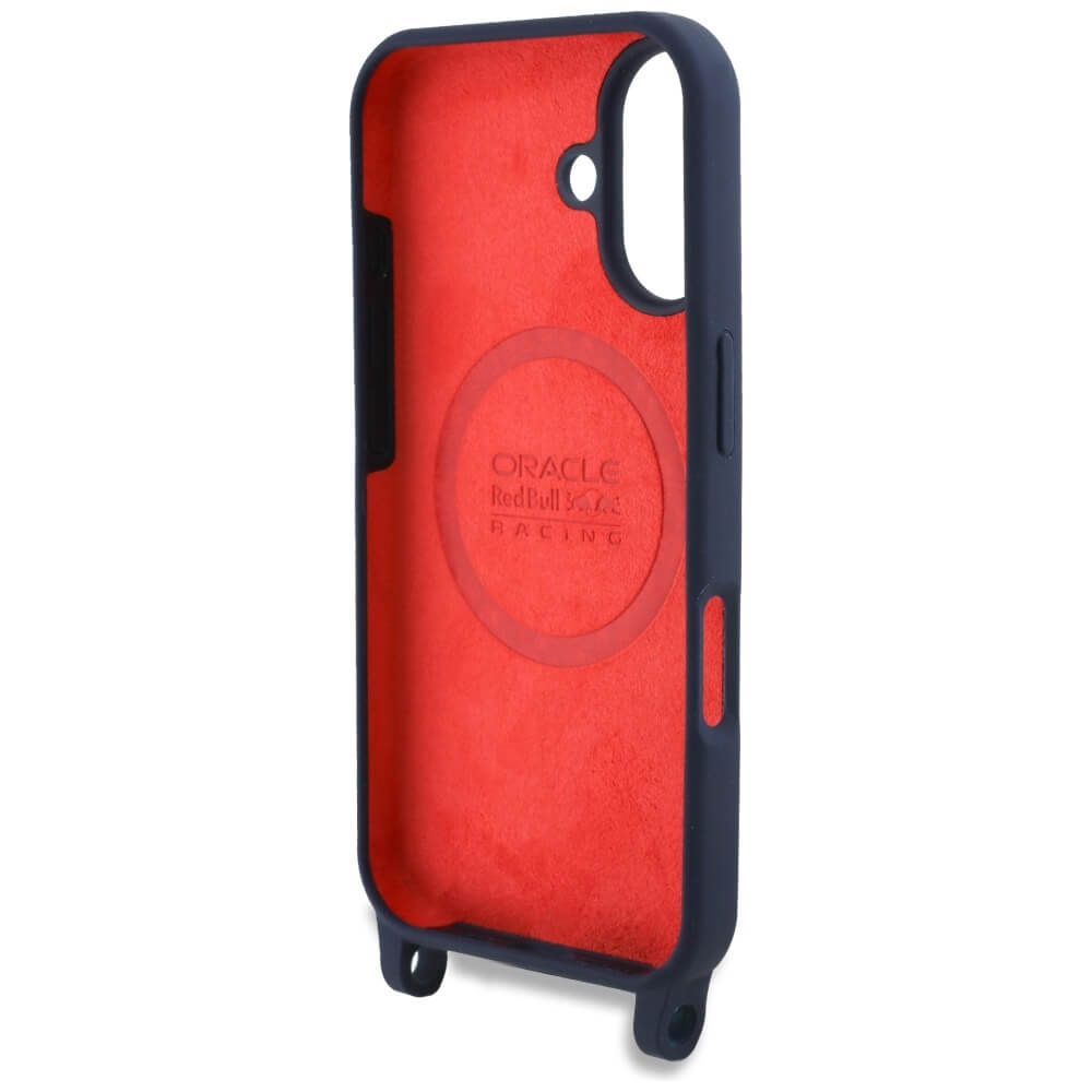 Red Bull iPhone 16 - Silicone Strap and Vertical Logo - MagSafe Σκληρή Θήκη με Πλαίσιο Σιλικόνης και Λουράκι - Navy Blue - RBHMP16S24SISOLRV