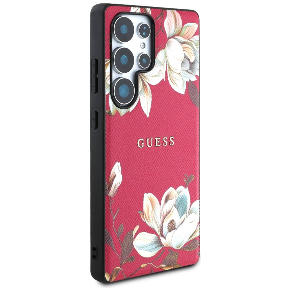 Guess Samsung Galaxy S25 Ultra - Grained Printed Flower Pattern - Θήκη με Επένδυση Συνθετικού Δέρματος και MagSafe - Fuchsia - GUHMS25LPGNMPLMF