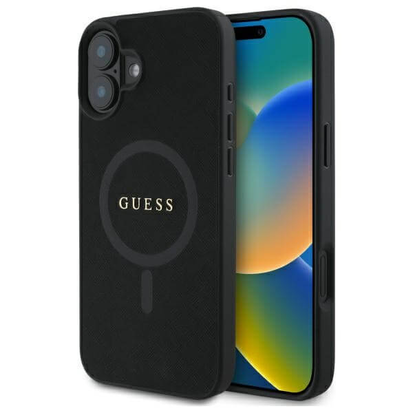 Guess iPhone 16 - Saffiano Classic Logo - MagSafe Σκληρή Θήκη με Πλαίσιο Σιλικόνης - Black - GUHMP16SPSAHMCK