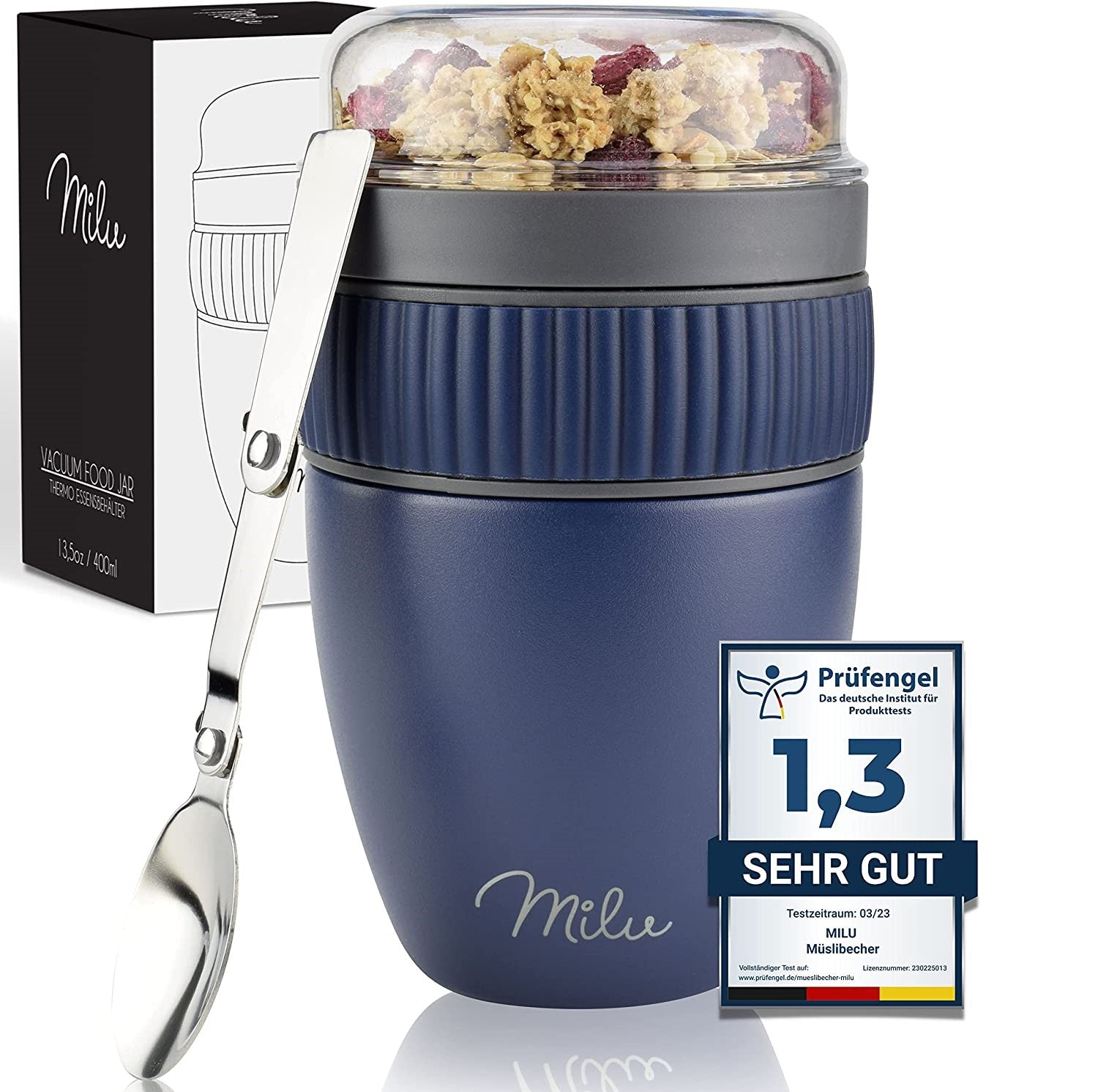 Milu SP Cereal Cup to Go Φορητό Δοχείο Φαγητού από Ανοξείδωτο Ατσάλι με Κουτάλι - 400ml - Blue - 2532