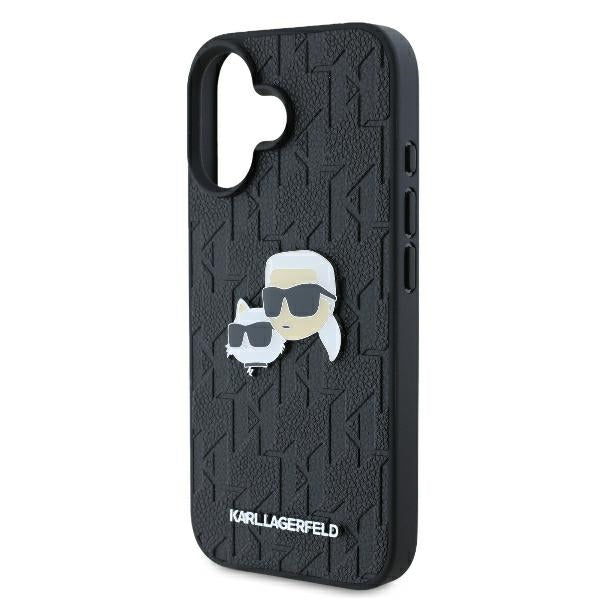 Karl Lagerfeld iPhone 16 - Monogram Karl and Choupette Head Pin Σκληρή Θήκη με Επένδυση Συνθετικού Δέρματος - Black - KLHCP16SPGKLKCPK