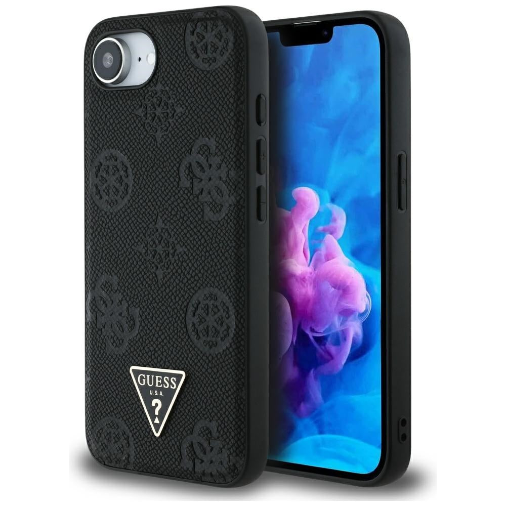 Guess iPhone 16e - Grained Hot Stamp Peony Triangle Logo - MagSafe Σκληρή Θήκη με Επένδυση Συνθετικού Δέρματος - Black - GUHMPSE4PGBTMK