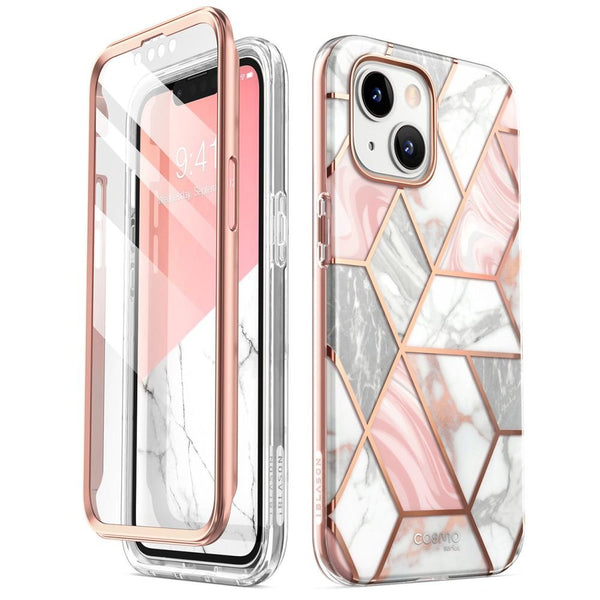 i - Blason iPhone 13 / iPhone 14 Cosmo Σκληρή Θήκη με Πλαίσιο Σιλικόνης και Προστασία Οθόνης - Marble Pink