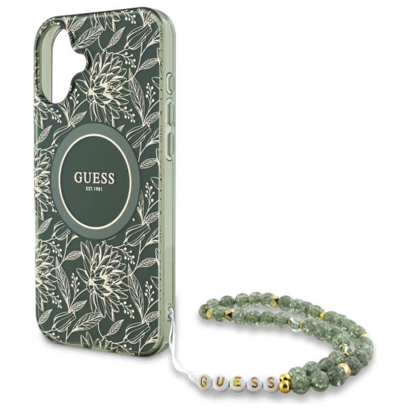 Guess iPhone 16 - IML Flowers Allover Electro With Pearl Strap MagSafe - Σκληρή Θήκη με Πλαίσιο Σιλικόνης και Λουράκι - White / Green - GUHMP16SHCPOFPA