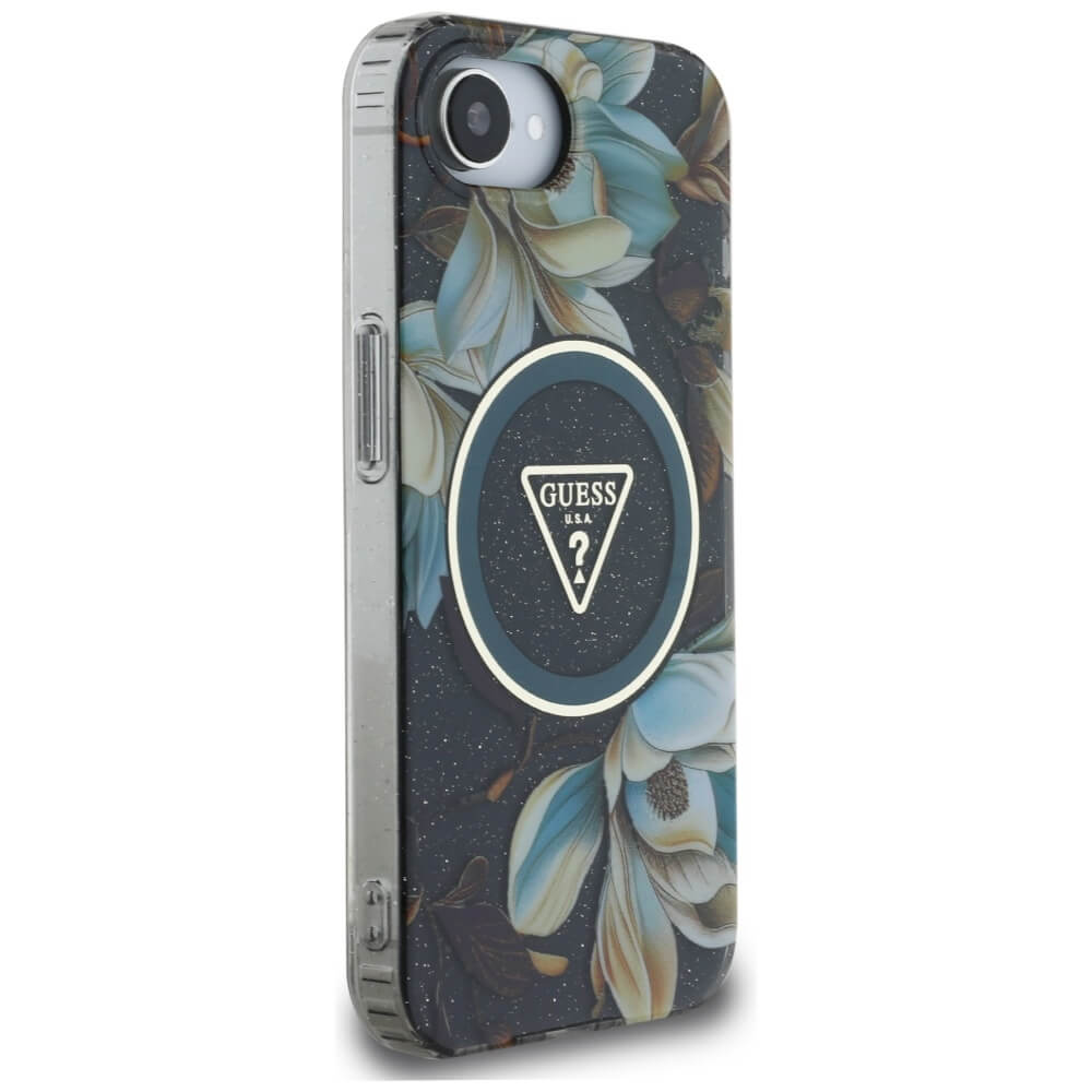 Guess iPhone 16e - IML Metal Glitter Flowers Triangle MagSafe - Σκληρή Θήκη με Πλαίσιο Σιλικόνης και MagSafe - Black - GUHMPSE4HFLPEDK