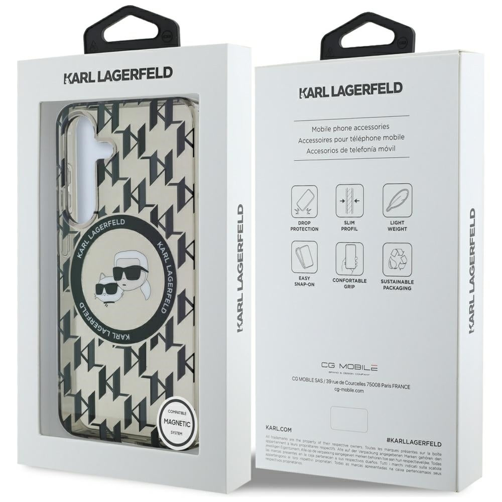 Karl Lagerfeld Samsung Galaxy S25 - Button Karl and Choupette Heads On KL Pattern - MagSafe Σκληρή Θήκη με Πλαίσιο Σιλικόνης - Black - KLHMS25SHMCKMHK