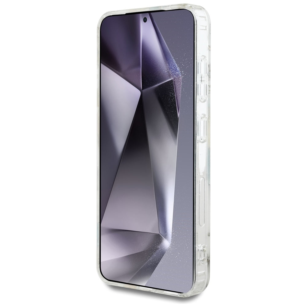 Guess Samsung Galaxy S25 - Glitter Flowers Triangle Buttons MagSafe - Σκληρή Θήκη με Πλαίσιο Σιλικόνης - White - GUHMS25SHFLPEDH