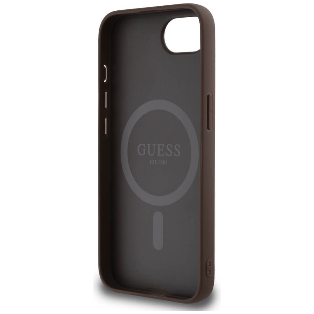 Guess iPhone 16e - 4G Ring Triangle Logo - MagSafe Θήκη με Επένδυση Συνθετικού Δέρματος - Brown - GUHMPSE4P4TDPW