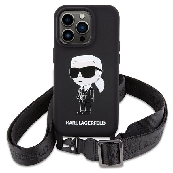 Karl Lagerfeld iPhone 15 Pro Crossbody Silicone Ikonik Σκληρή Θήκη με Πλαίσιο Σιλικόνης και Λουράκι - Black - KLHCP15LSCBSKNK