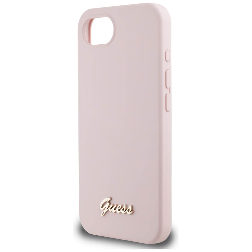 Guess iPhone 16e - Silicone Script Metal Logo - MagSafe Σκληρή Θήκη με Πλαίσιο Σιλικόνης - Pink - GUHMPSE4SMBSLP