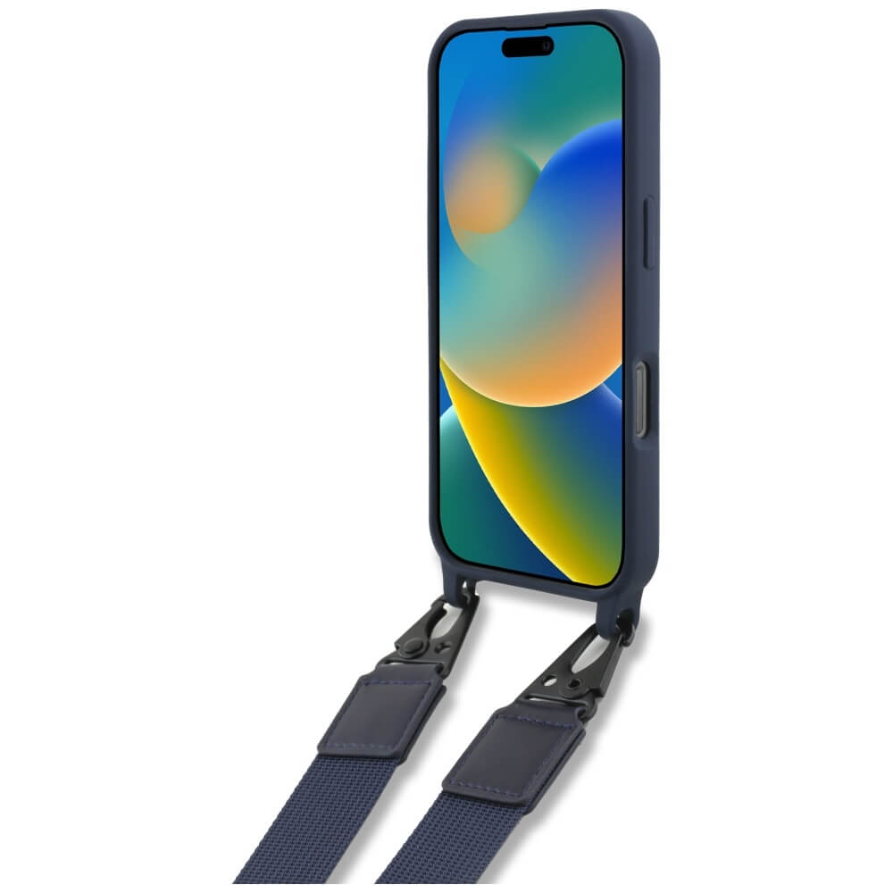 Red Bull iPhone 16 Pro - Silicone Strap and Vertical Logo - MagSafe Σκληρή Θήκη με Πλαίσιο Σιλικόνης και Λουράκι - Navy Blue - RBHMP16L24SISOLRV