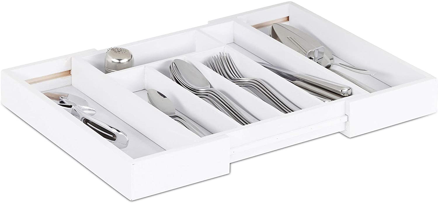 Relaxdays Επεκτεινόμενος Δίσκος Αποθήκευσης για Μαχαιροπίρουνα από Μπαμπού με 7 Διαμερίσματα - White - 4052025232382