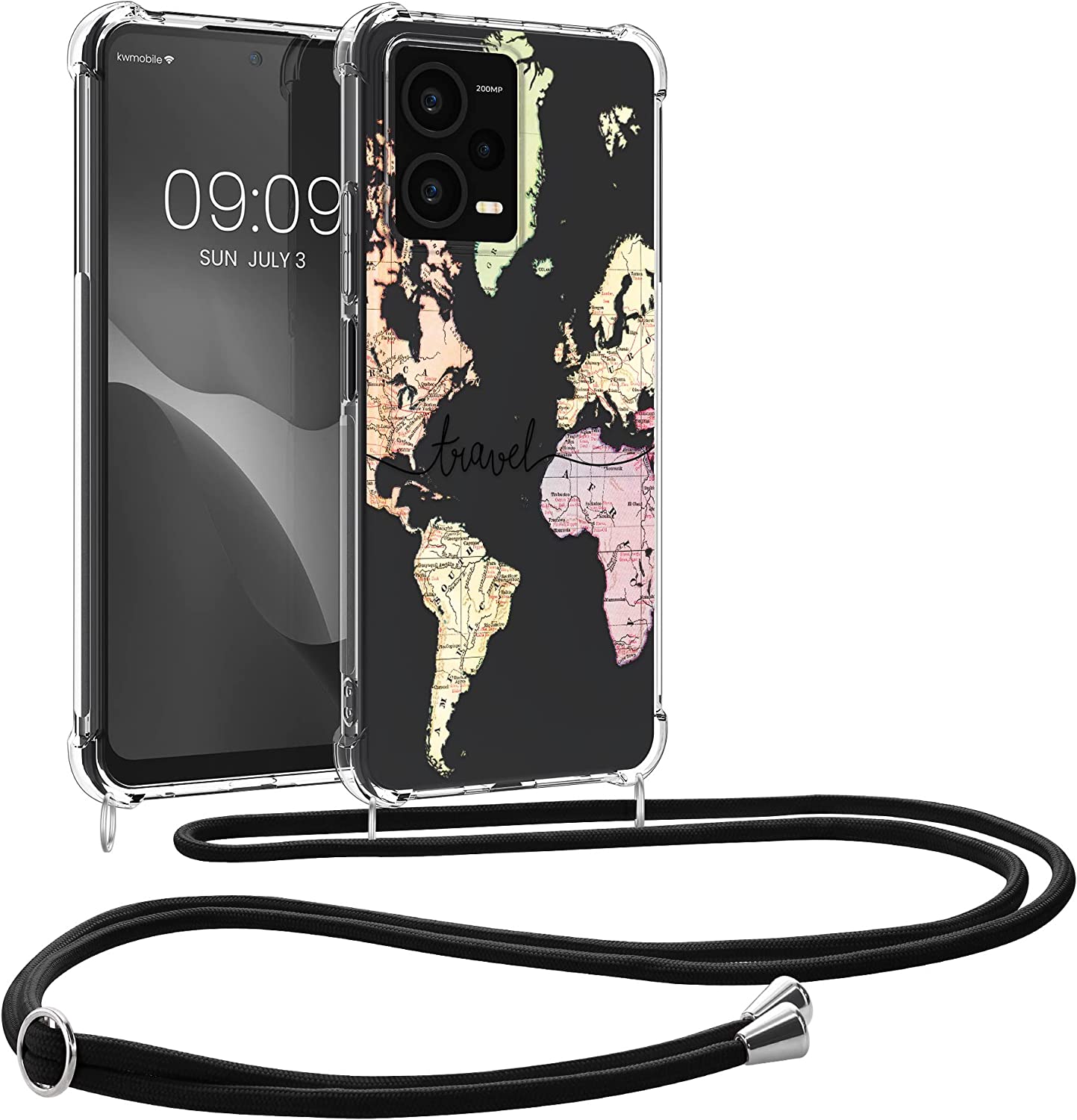 KW Xiaomi Redmi Note 12 Pro+ Θήκη Σιλικόνης TPU με Λουράκι - Design Travel - Black / Multicolor / Διάφανη - 60717.02