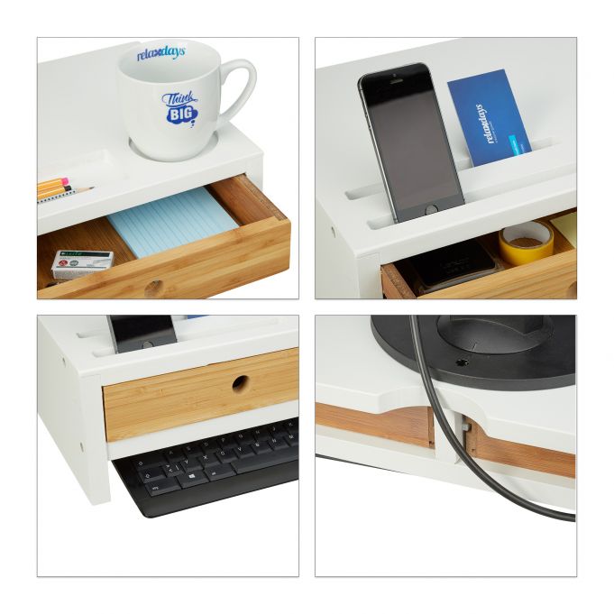 Relaxdays Ξύλινη Βάση Στήριξης Οθόνης με 2 Συρτάρια - White / Natural - 4052025242046