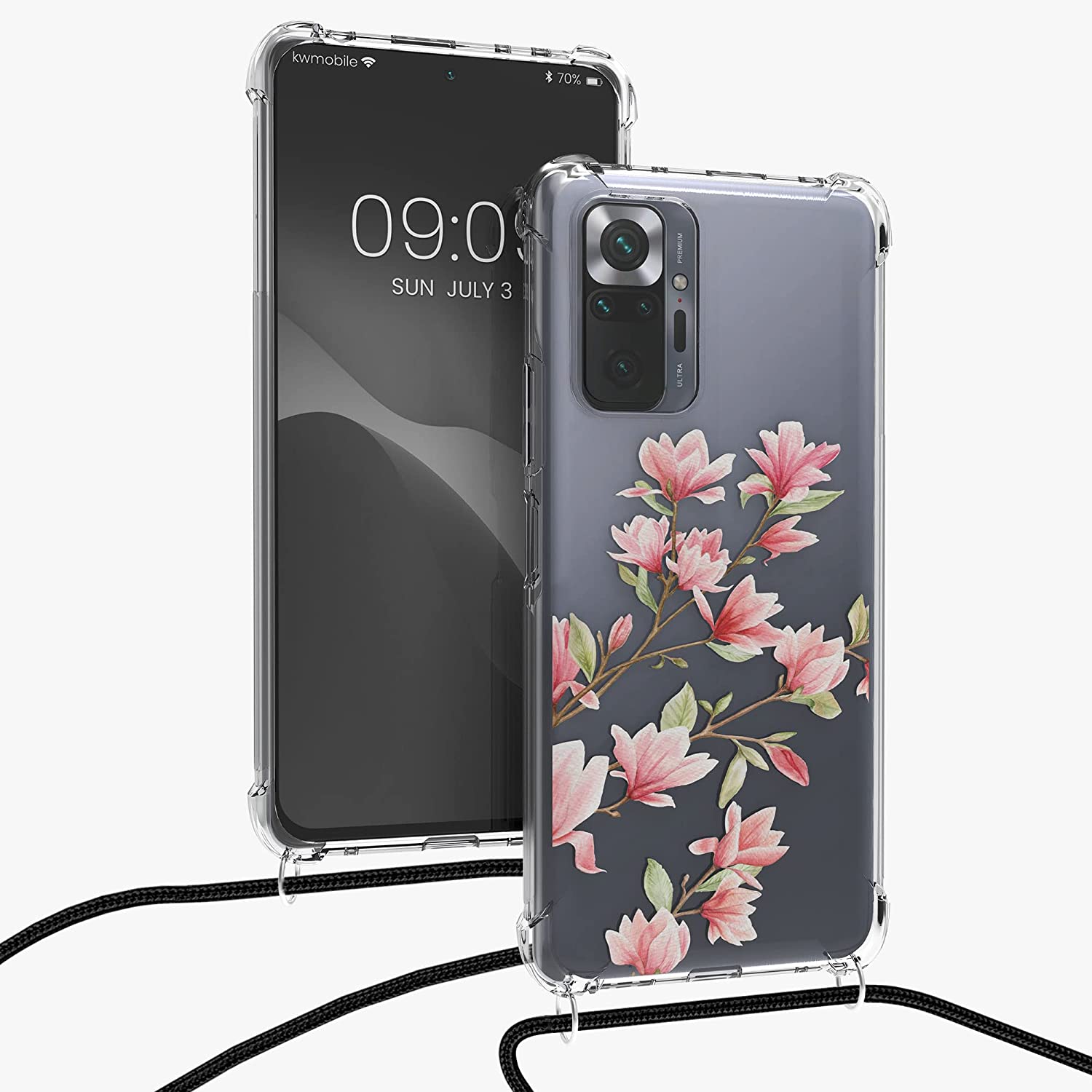 KW Xiaomi Redmi Note 10 Pro Θήκη Σιλικόνης TPU με Λουράκι Design Magnolias - Light Pink / White - Διάφανη - 56529.02