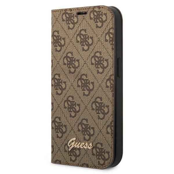 Guess iPhone 14 Pro Max 4G Vintage Gold Logo Θήκη Βιβλίο από Συνθετικό Δέρμα - Brown - GUBKP14XHG4SHW