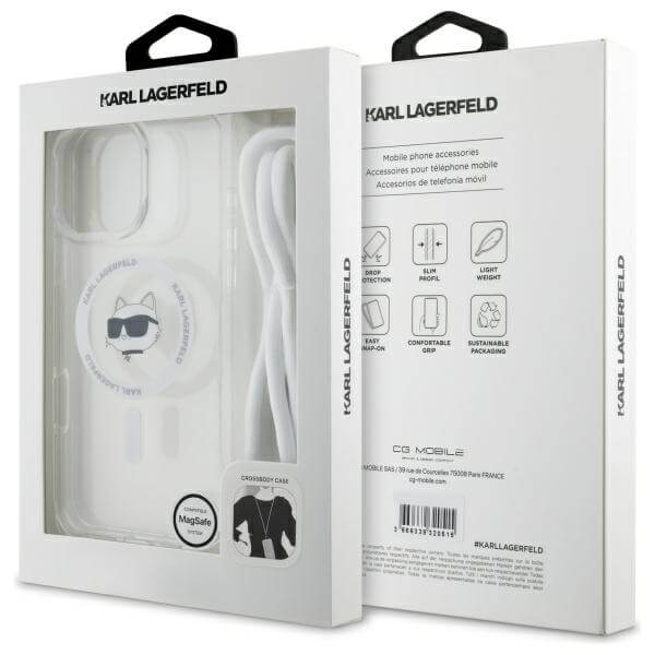 Karl Lagerfeld iPhone 16 Pro Max - IML Choupette Head and Cord - MagSafe Σκληρή Θήκη με Πλαίσιο Σιλικόνης και Λουράκι - Διάφανη - KLHMP16XHCCHNT