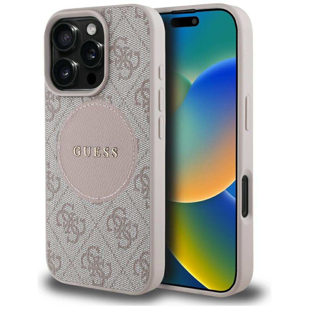Guess iPhone 16 Pro Max - 4G Circle Classic Logo - MagSafe Θήκη με Επένδυση Συνθετικού Δέρματος - Pink - GUHMP16XP4PGRSGP