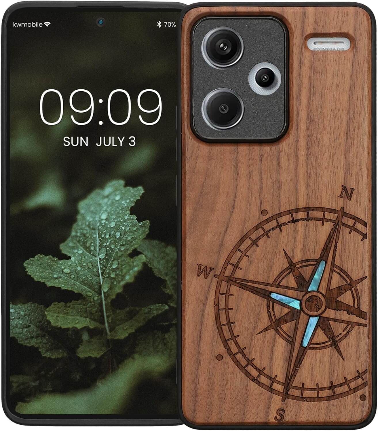 KW Xiaomi Redmi Note 13 Pro+ 5G Θήκη από Φυσικό Ξύλο - Design Navigational Compass - Mother of Pearl - Dark Brown