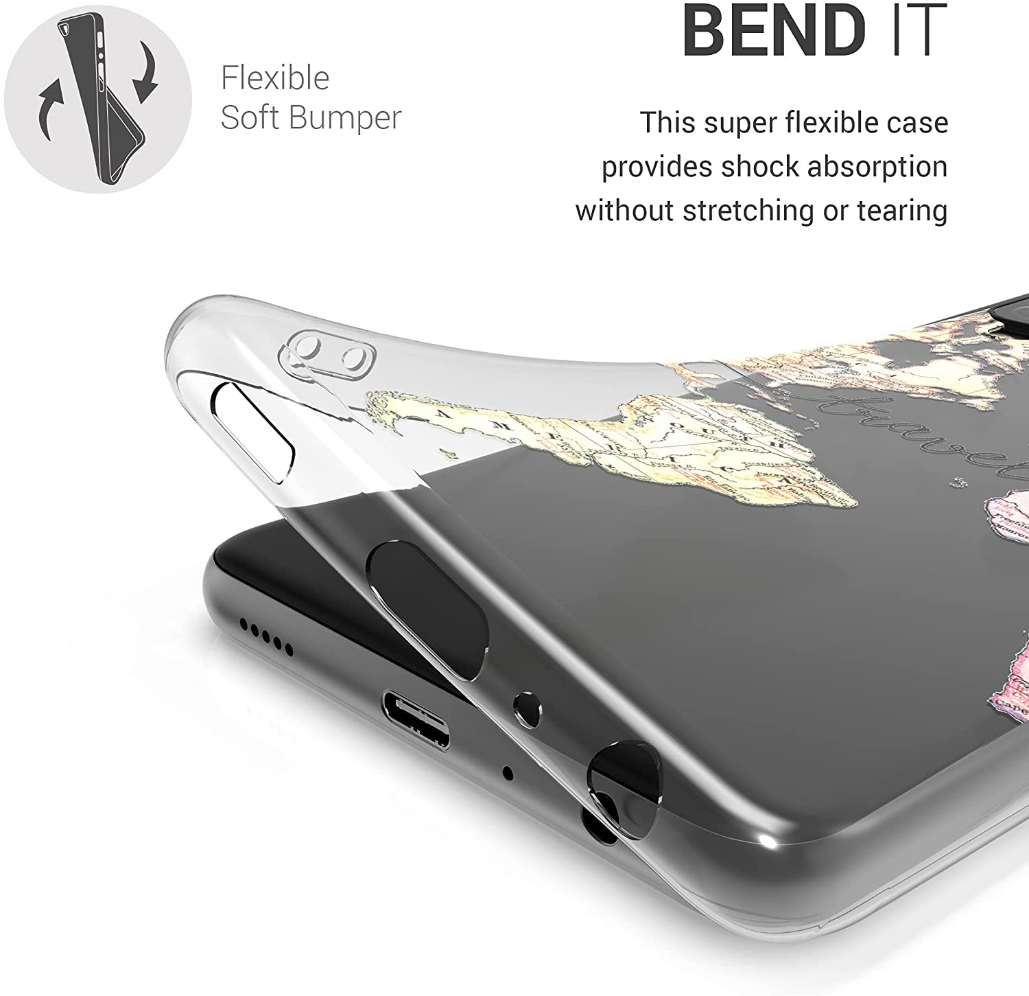 KW Samsung Galaxy A22 4G Θήκη Σιλικόνης TPU Design Travel - Black / Multicolor - Διάφανη - 55498.03