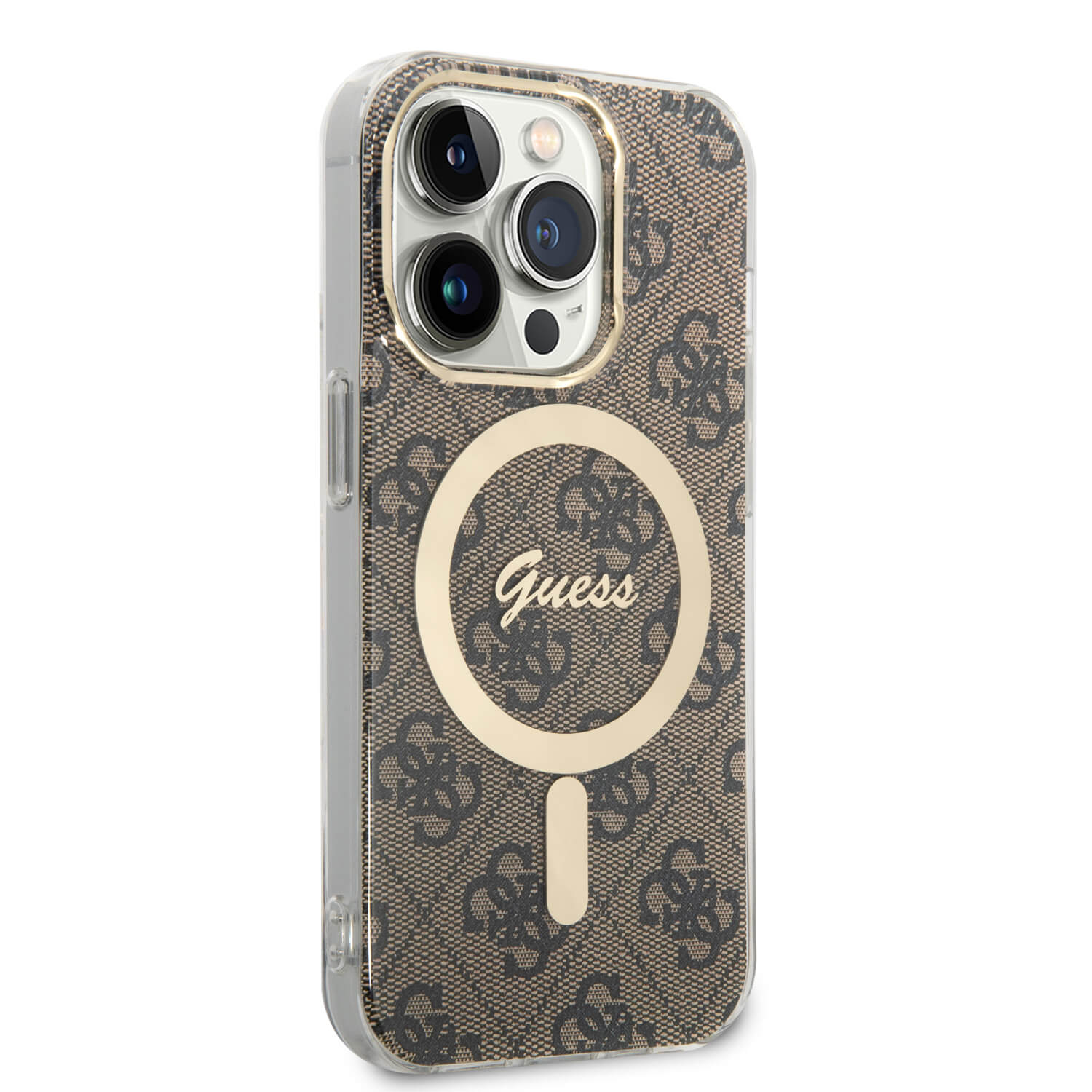 Guess iPhone 14 Pro Max - Bundle Pack MagSafe - Σετ Σκληρή Θήκη με Πλαίσιο Σιλικόνης και Ασύρματος Φορτιστής MagSafe - Design 4G and Gold - Brown - GUBPP14XH4EACSW