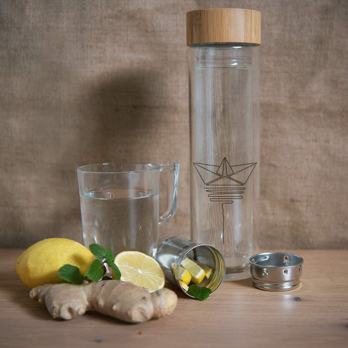 Navaris Γυάλινο Μπουκάλι Τσαγιού με Θήκη μεταφοράς - 500ml - Design Paper Boat - Clear - 45888.2.02