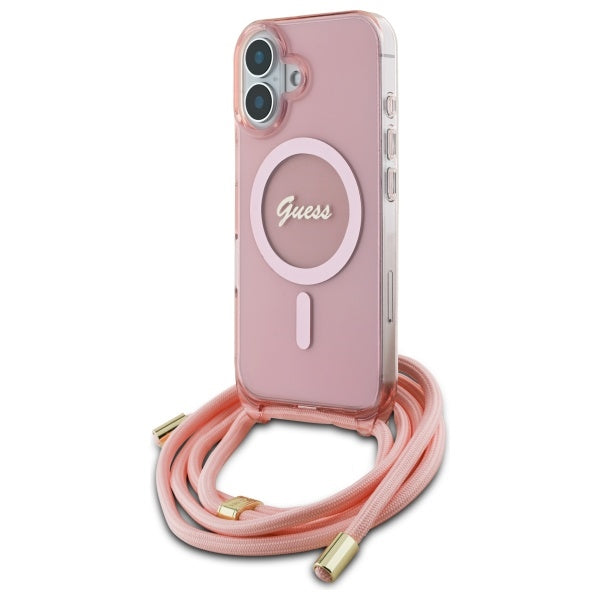 Guess iPhone 16 - Crossbody Cord Script MagSafe - Σκληρή Θήκη με Πλαίσιο Σιλικόνης και Λουράκι - Pink - GUHMP16SHCTSGNSP
