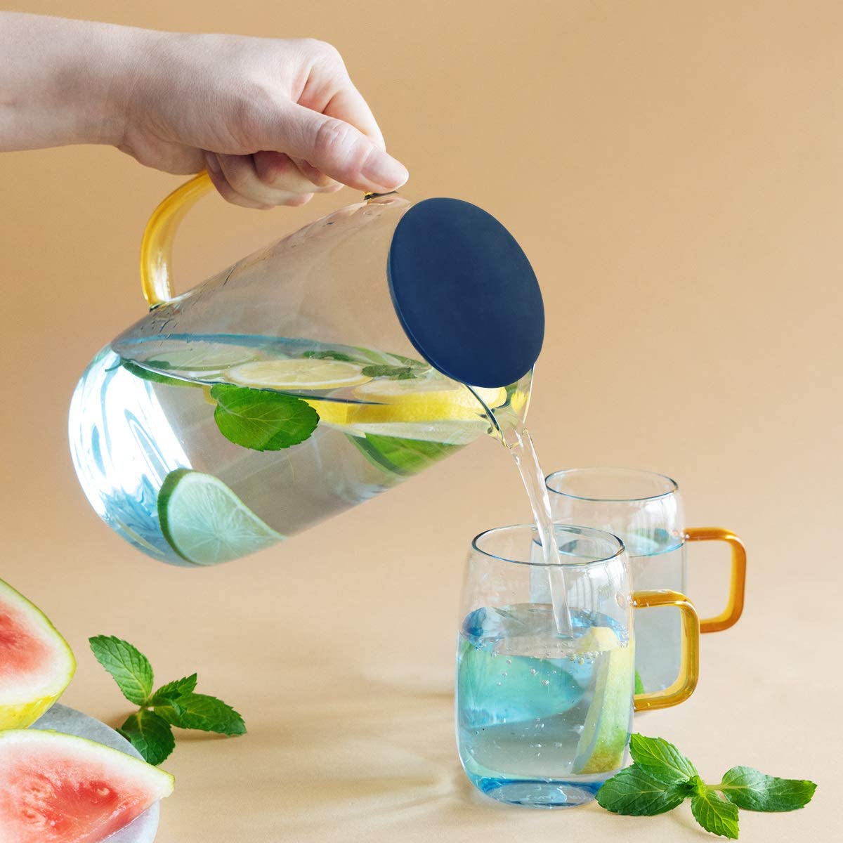 Navaris Glass Water Carafe with Silicone Lid and 4 Glasses Γυάλινη Κανάτα Νερού με Καπάκι Σιλικόνης και 4 Ποτήρια - 1,55L - Blue / Διάφανη - 51066.04.05