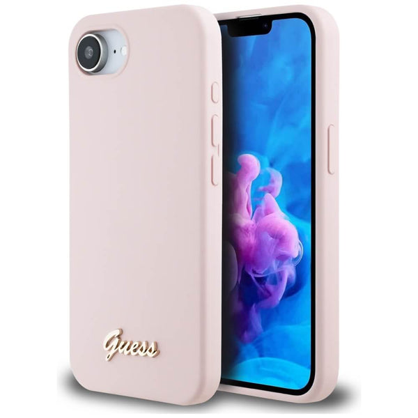 Guess iPhone 16e - Silicone Script Metal Logo - MagSafe Σκληρή Θήκη με Πλαίσιο Σιλικόνης - Pink - GUHMPSE4SMBSLP - likebrands.gr