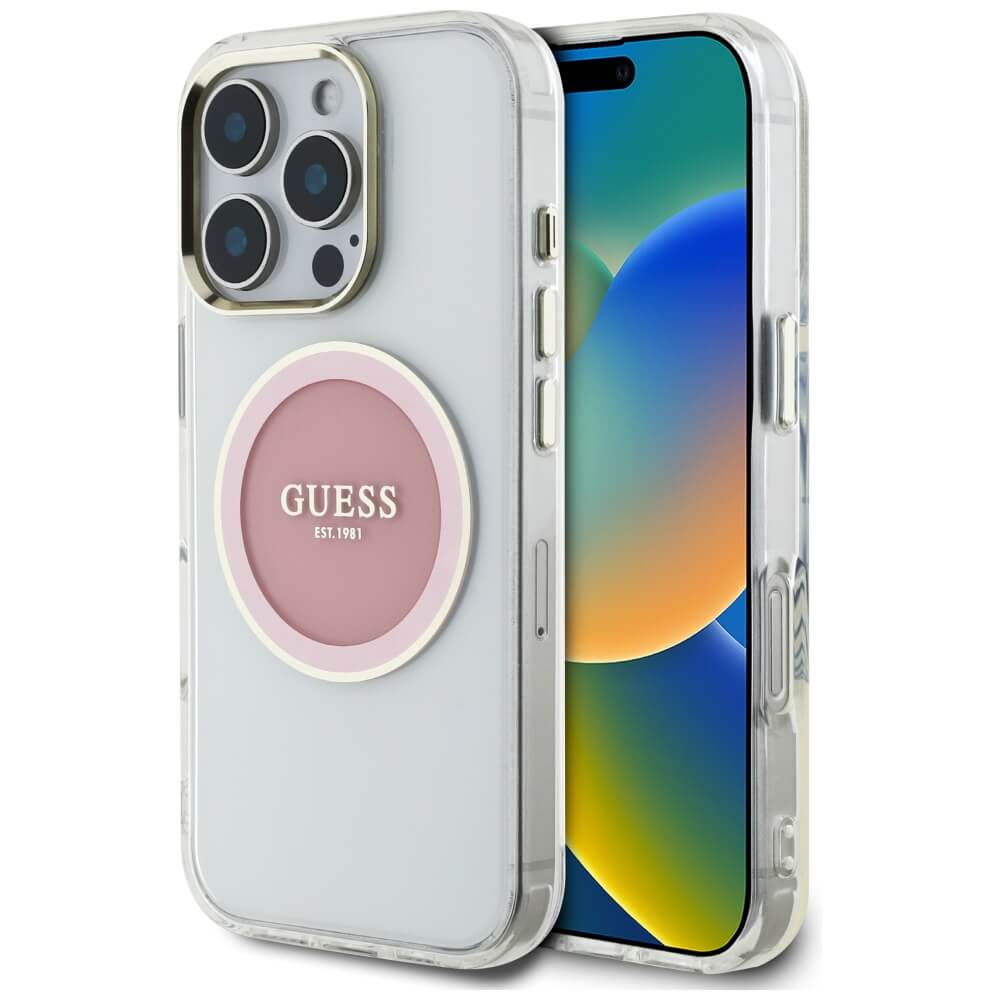 Guess iPhone 16 Pro IML Metal Colored Circle Classic Logo MagSafe Σκληρή Θήκη με Πλαίσιο Σιλικόνης και MagSafe - Pink - GUHMP16LHTDRCEDP